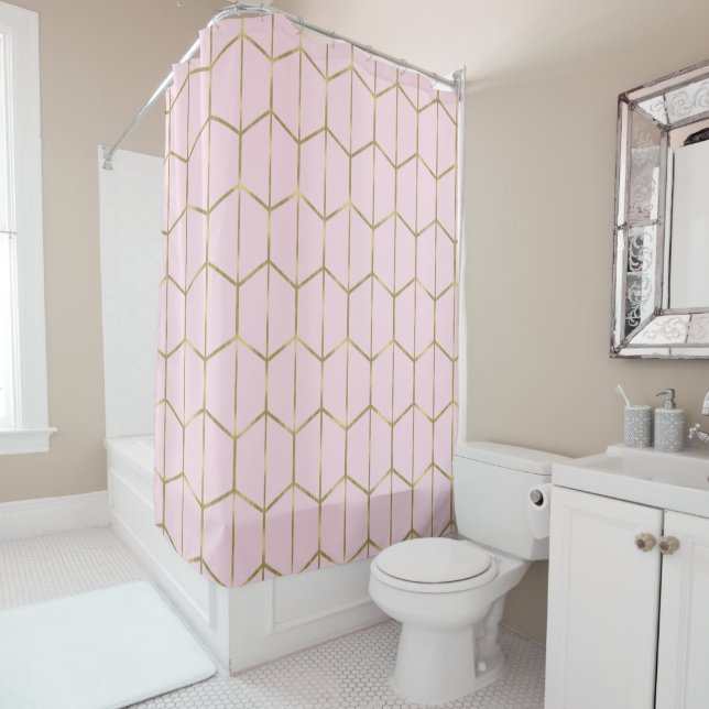 Rideaux De Douche Boho rose Hexagon or & Glam géométrique (En situation)
