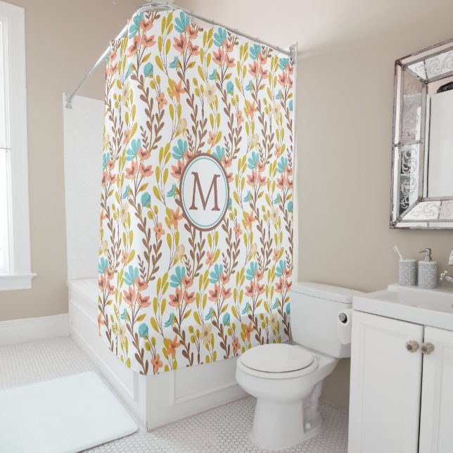 Rideaux De Douche Boho Style Fleur sauvage été Monogramme (En situation)