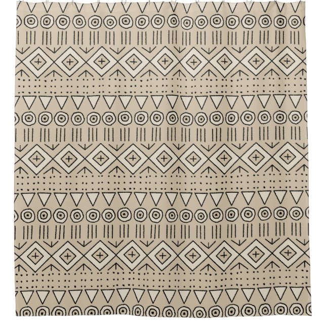 Rideaux De Douche Boho Tribal Mudcloth Motif, Beige, Noir, Crème (Devant)