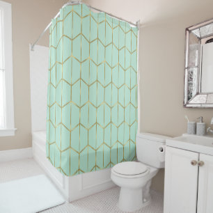 Rideaux De Douche Boho Vert Menthe Hexagone Or & Glam Géométrique