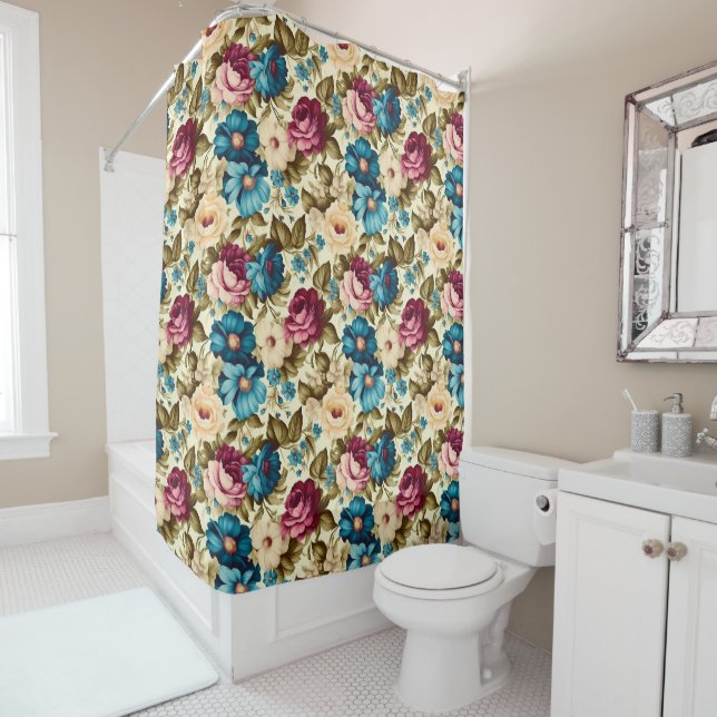 Rideaux De Douche Boho vintage fleurs françaises (En situation)