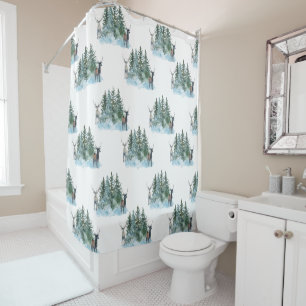 Rideaux De Douche Bois merveilleux d'hiver blanc Cerfs ramures Pins