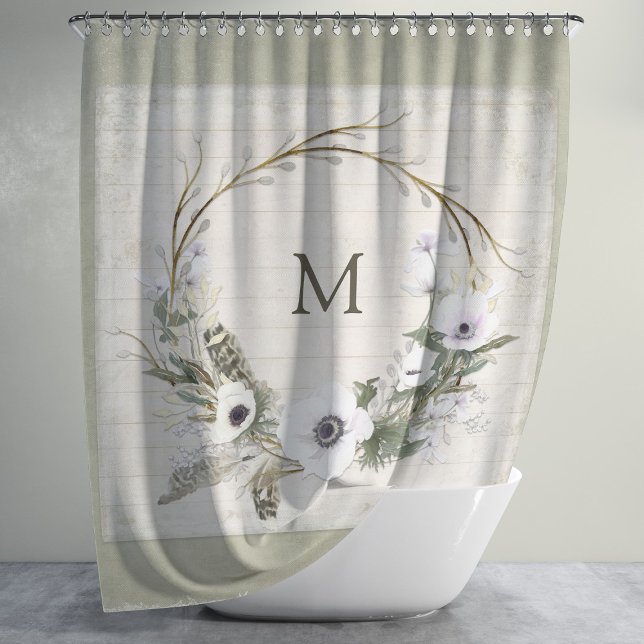 Rideaux De Douche Bois rustique Agritourisme Aquarelle Wreath Floral (Créateur téléchargé)