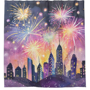 Rideaux De Douche Bonne année Feux d'artifice Cité Nuit Aquarelle