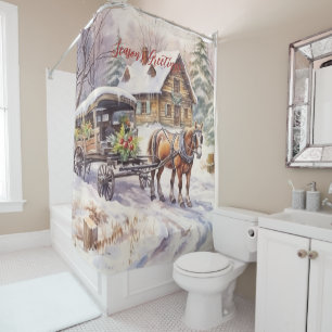 Rideaux De Douche Bonnes Fêtes Rustic Victorian Yard Noël