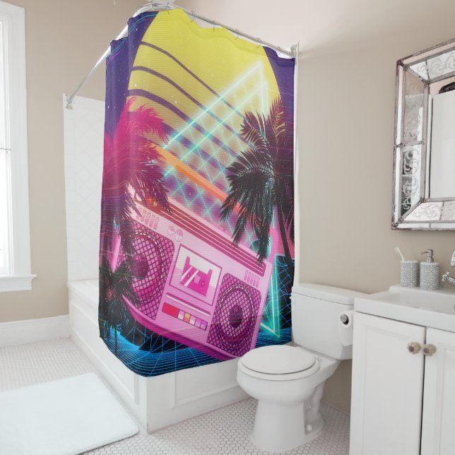 Rideaux De Douche Boombox rose Funky des années 80 avec palmiers (En situation)