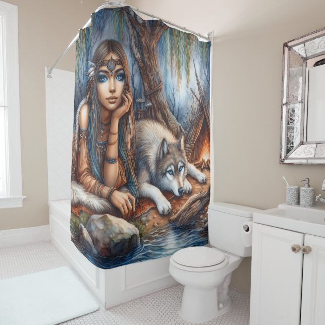 Rideaux De Douche Bord d'une rivière paisible avec un ami loup (En situation)