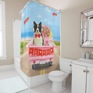 Rideaux De Douche Bordure Collie Chien Saint Valentin Coeurs de cami