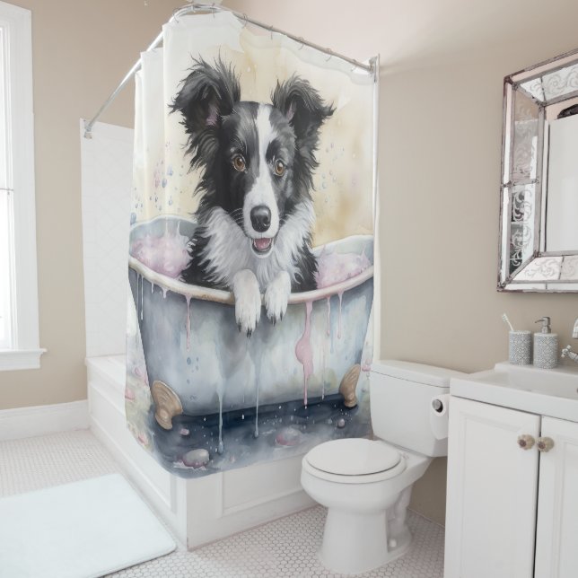 Rideaux De Douche Bordure Collie Dans Baignoire Aquarelle Chien Art (En situation)