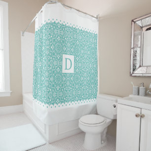 Rideaux De Douche Bordures turquoises et blanches légères monogramme
