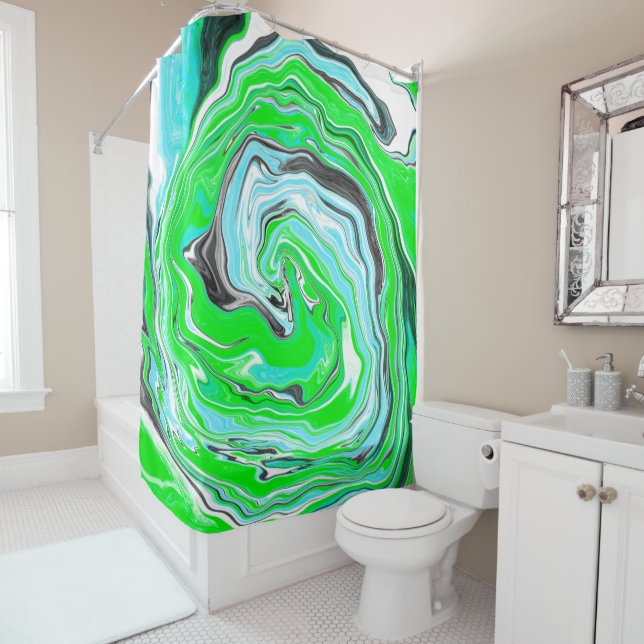 Rideaux De Douche Boucles de marbre vert citron et bleu Aqua (En situation)