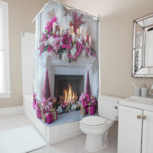 Rideaux De Douche Bougies de cheminée de Noël Élégant Rose Blanc