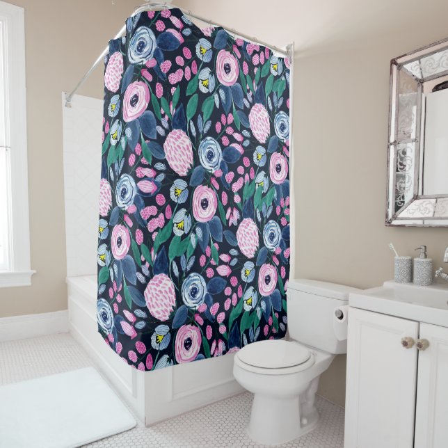 Rideaux De Douche Bouquet d'aquarelle bleu marine rose (En situation)