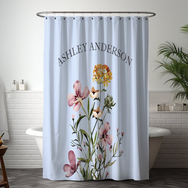 Rideaux De Douche Bouquet Fleur sauvage d'aquarelle #1 Nom personnal (In situ bathroom)