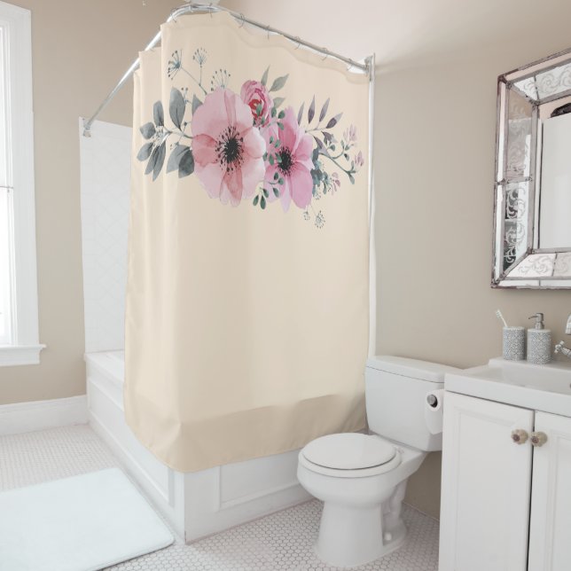 Rideaux De Douche Bouquet floral anemone crème rose (En situation)