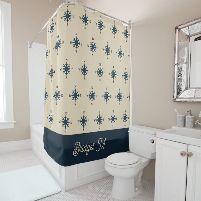 Rideaux De Douche boussole bleu marine & Monogramme Beige Maison côt (En situation)