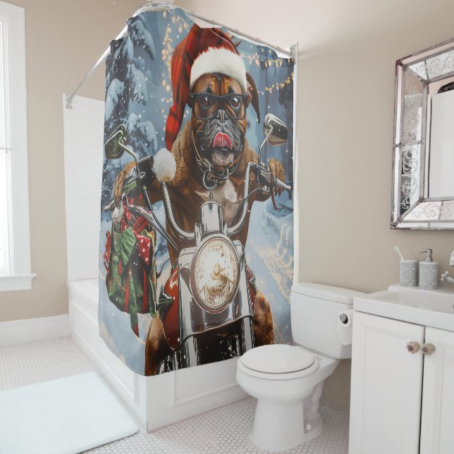 Rideaux De Douche Boxer Chien équitation Moto Noël (En situation)
