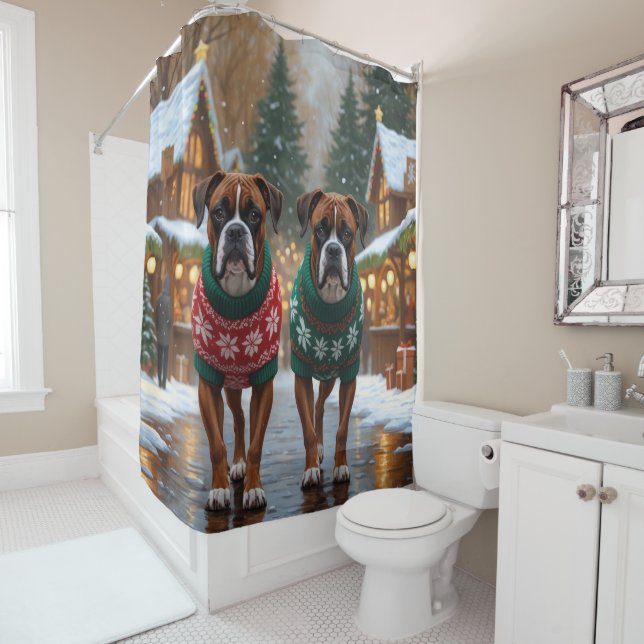 Rideaux De Douche Boxer Dogs Christmas Snow Holiday  (En situation)