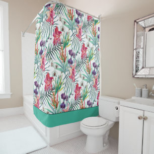 Rideaux De Douche Bright Tropical Floral avec bordure Aqua