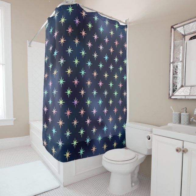 Rideaux De Douche Brillant Pastel Stars Marine Blue Trendy Glam (En situation)