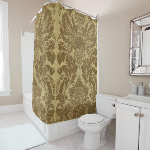Rideaux De Douche Brocard de Damas floral doré moutarde vintage
