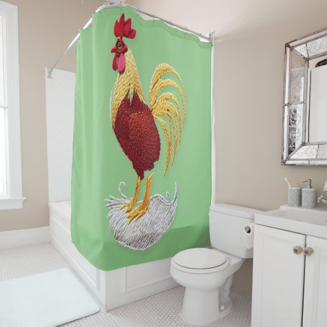 Rideaux De Douche Broderie coq - Broderie animal traditionnel (En situation)