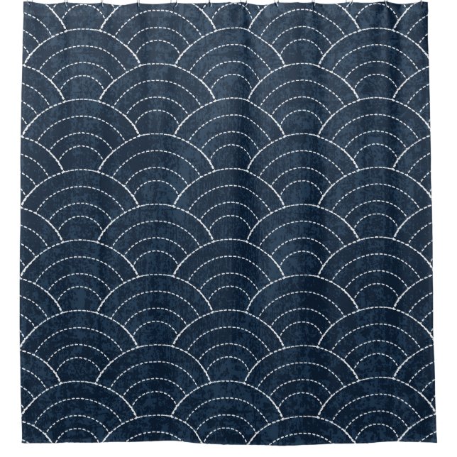 Rideaux De Douche Broderie Sashiko : Indigo Motif japonais. (Devant)