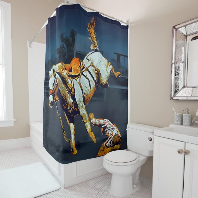 Rideaux De Douche Bronco s'opposant blanc et cowboy au rodéo (En situation)