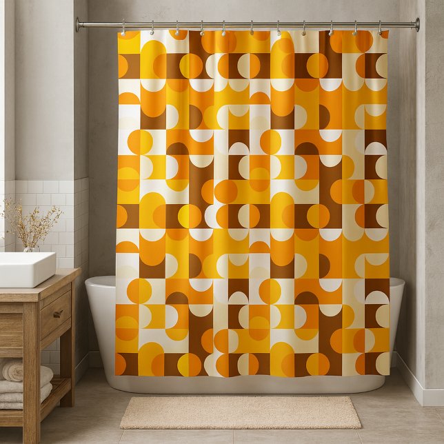 Rideaux De Douche Brown blanc orange jaune demi-cercles Motif (Créateur téléchargé)