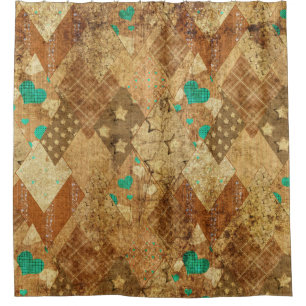 Rideaux De Douche Brown Grunge Quilt Stars Coeurs