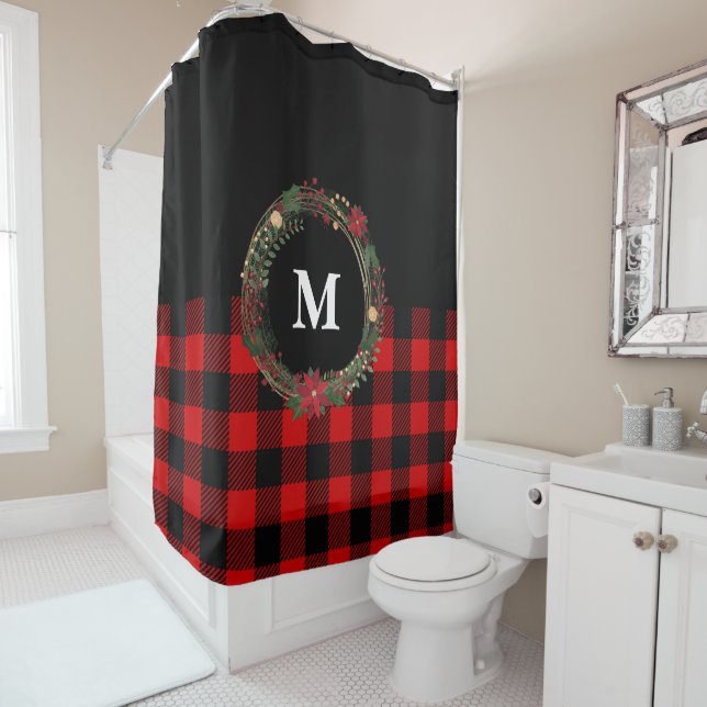 Rideaux De Douche Buffalo Plaid Vacances Monogramme Wreath (En situation)