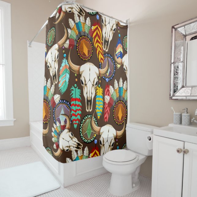 Rideaux De Douche Buffalo Skull Native American Emblem (En situation)