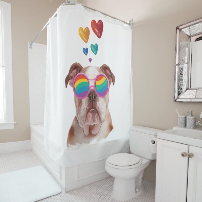 Rideaux De Douche Bulldog anglais avec des coeurs Saint-Valentin (En situation)