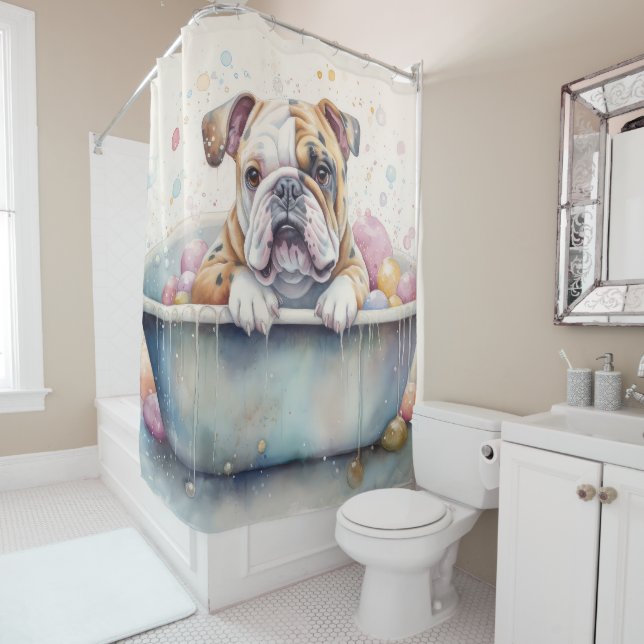 Rideaux De Douche Bulldog Dans La Baignoire Aquarelle Chien Art (En situation)