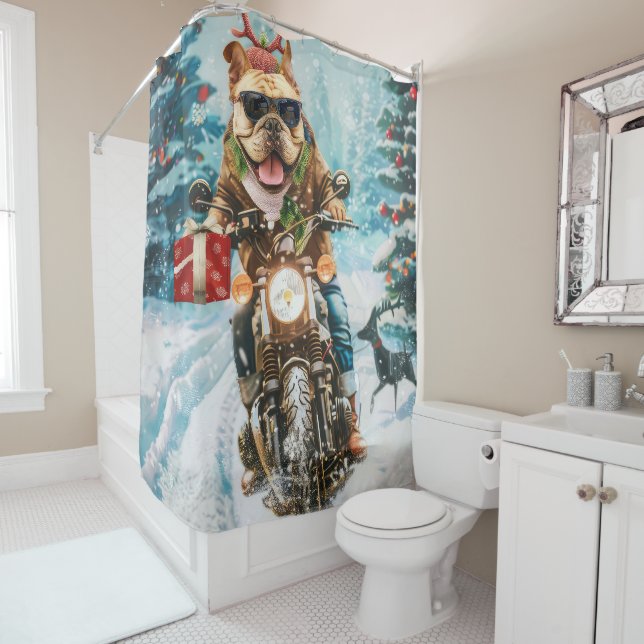 Rideaux De Douche Bulldog équitation moto Noël (En situation)