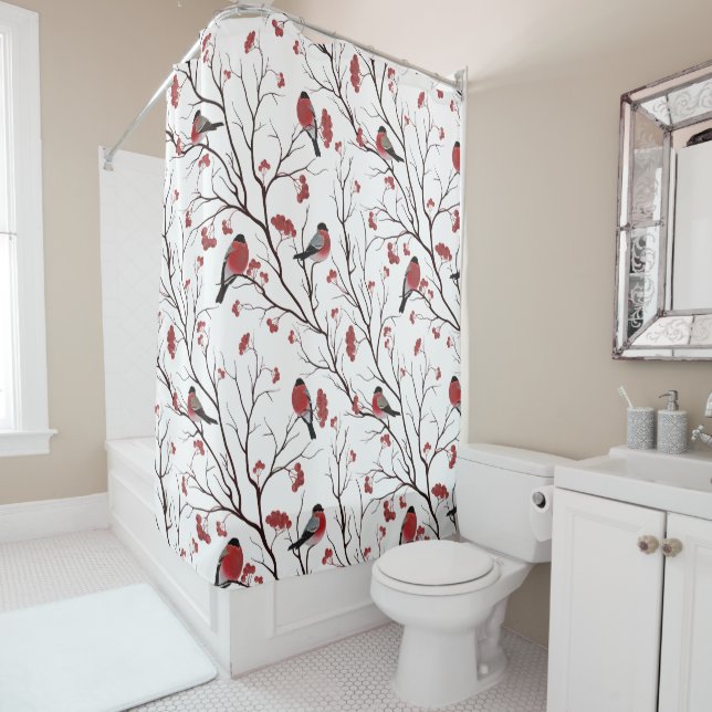 Rideaux De Douche Bullfinch Birds and Berries Marsala Red (En situation)