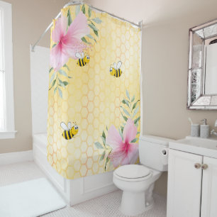 Rideaux De Douche Bumble abeilles jaune nid d'abeille fleurons roses