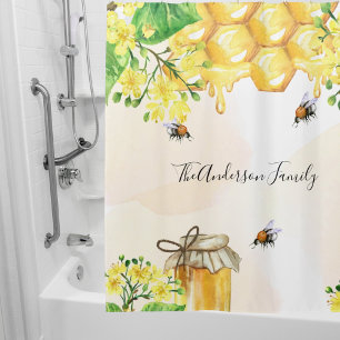 Rideaux De Douche Bumble abeilles miel fleurons jaunes monogramme