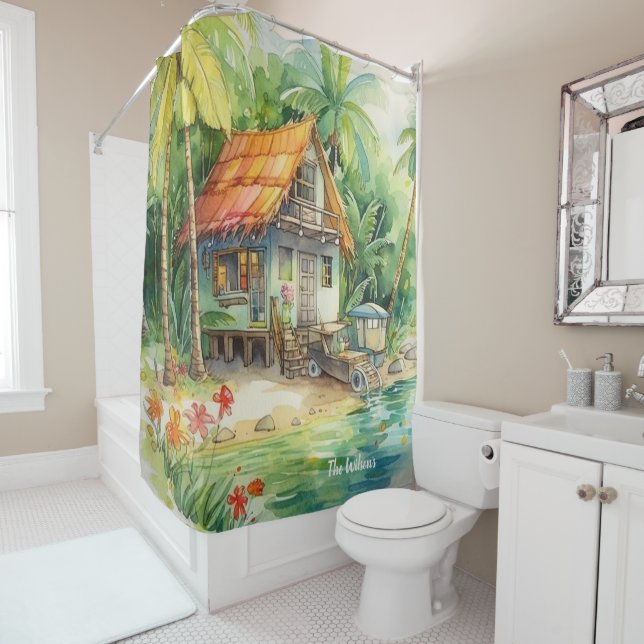 Rideaux De Douche Bungalow Tropical Beach House (En situation)