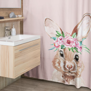 Rideaux De Douche Bunny D'Aquarelle Rose Pastel Moderne Avec Fleurs