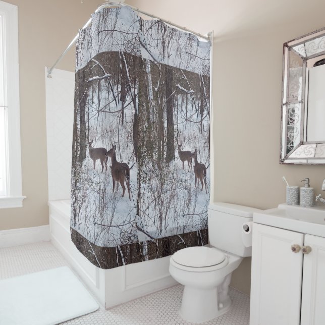 Rideaux De Douche Cabine rustique cerf en neige hivernale (En situation)