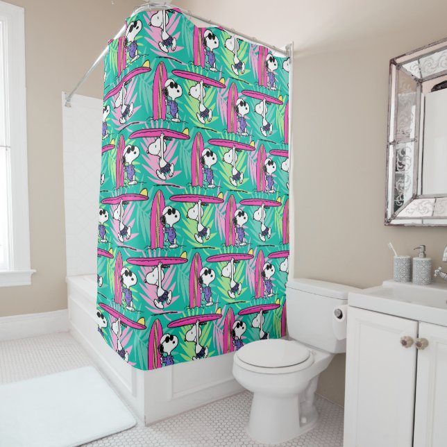 Rideaux De Douche cacahuètes | Snoopy Turquoise Surf Motif (En situation)