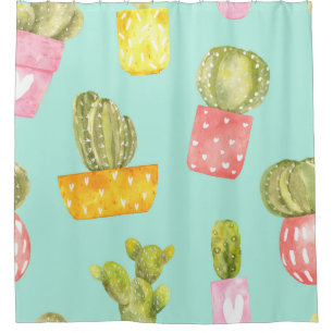 Rideaux De Douche Cactus épineux dans les pots, motif aquarelle.