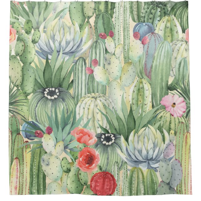 Rideaux De Douche Cactus, succulents : aquarelle florale imprimé. (Devant)