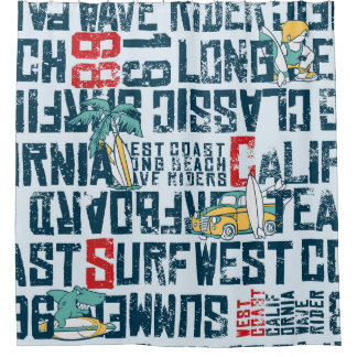 Rideaux De Douche California Surfing Team : Grunge Seamless Motif.