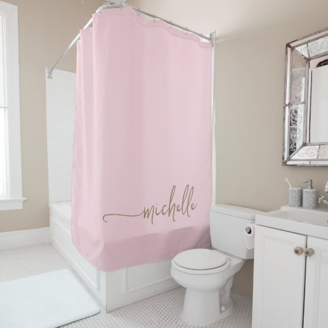 Rideaux De Douche Calligraphie Élégante Monogramme Script Doré Rose  (En situation)