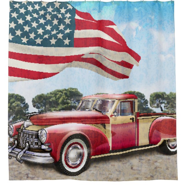 Rideaux De Douche Camion de ramassage rouge : Drapeau américain Vint (Devant)