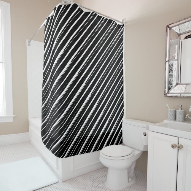 Rideaux De Douche Camouflage Motif en bande Diagonale Noir Blanc (En situation)