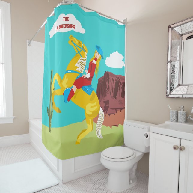 Rideaux De Douche Campy Western Cowgirl on Horse Personnalisé (En situation)