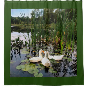 Rideaux De Douche Canards blancs, caleçons, cattails, lac